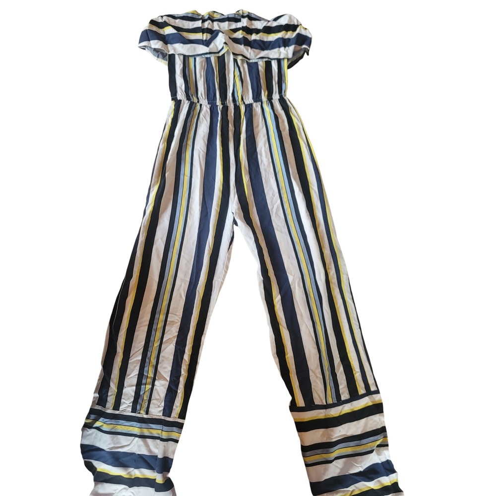 Hers & Mine Womens Striped Jumpsuit Off Shoulder Halter Flowy Beach Summer Sz M